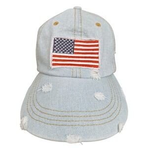 D&Y Women's 90s Light Wash Distressed Denim American Flag USA Baseball Cap